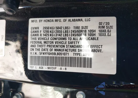 2020 Honda Pilot Awd Ex-L из США, поврежденный, VIN 5FNYF6H59LB051071